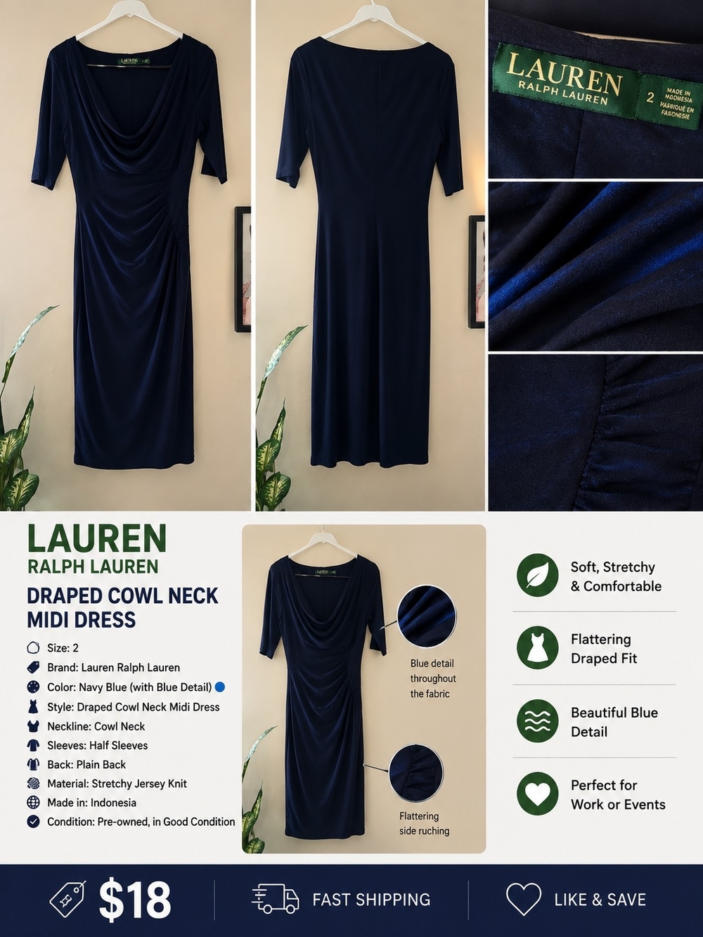 Lauren Ralph Lauren Navy Blue Draped Cowl Midi Dress